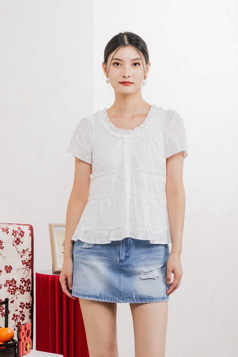 Julietta Eyelet Ruffles Button Top In White