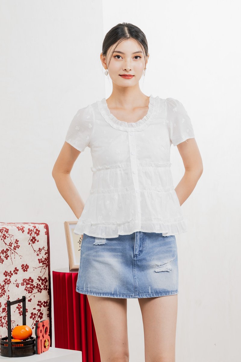 Julietta Eyelet Ruffles Button Top In White