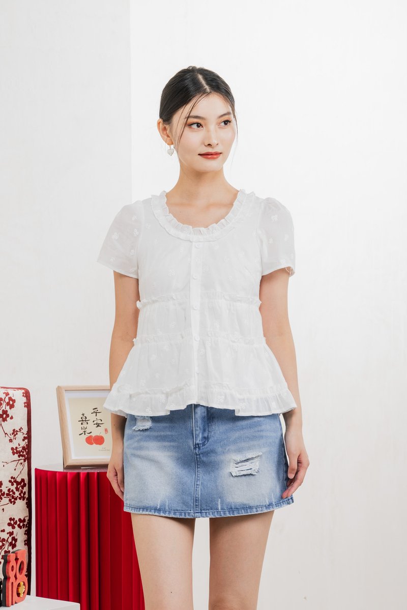 Julietta Eyelet Ruffles Button Top In White