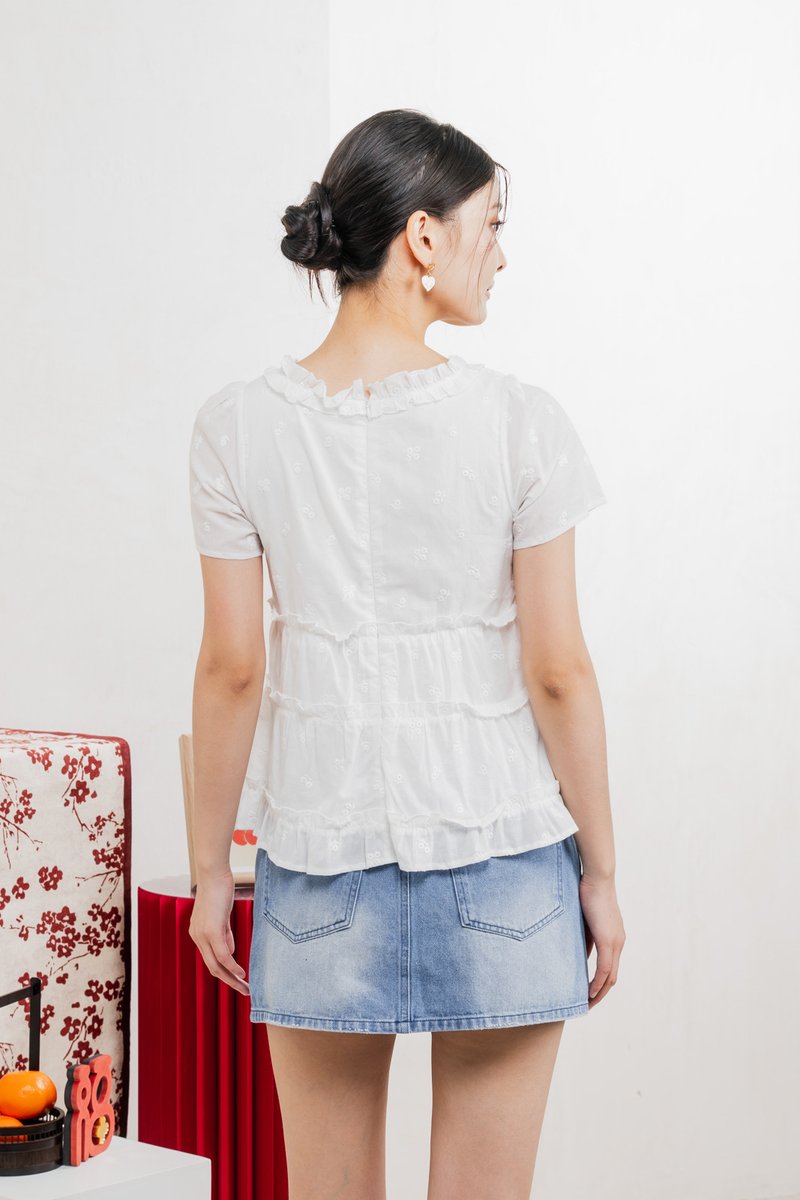 Julietta Eyelet Ruffles Button Top In White