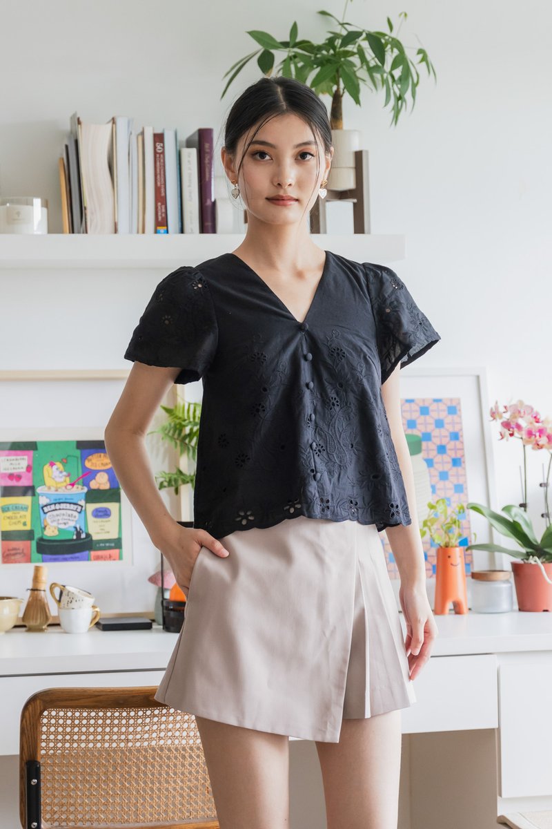 Callie Eyelet Button Top In Black