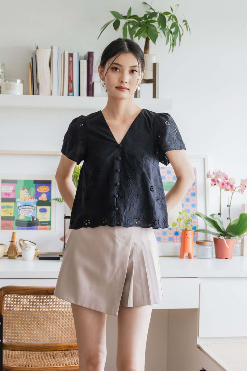 Callie Eyelet Button Top In Black