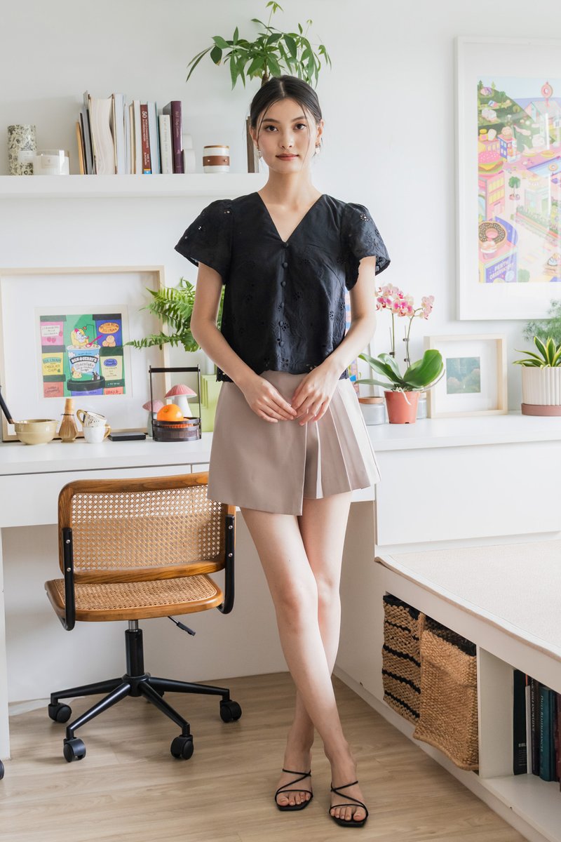 Callie Eyelet Button Top In Black