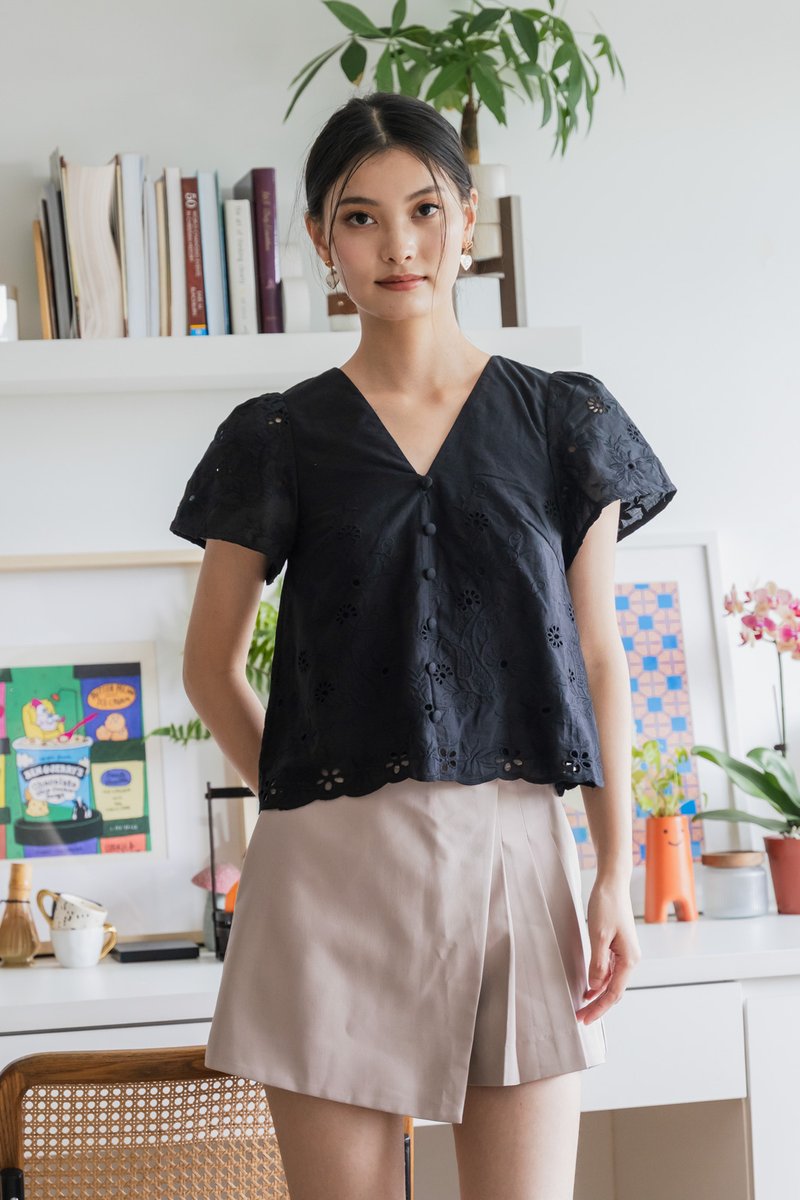 Callie Eyelet Button Top In Black