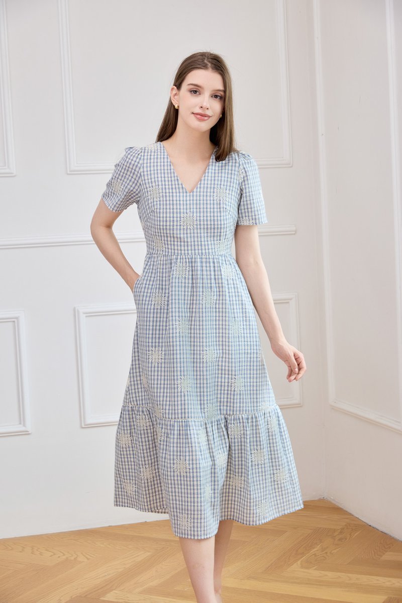 Zahra Textured Gingham Embroidery Midi Dress