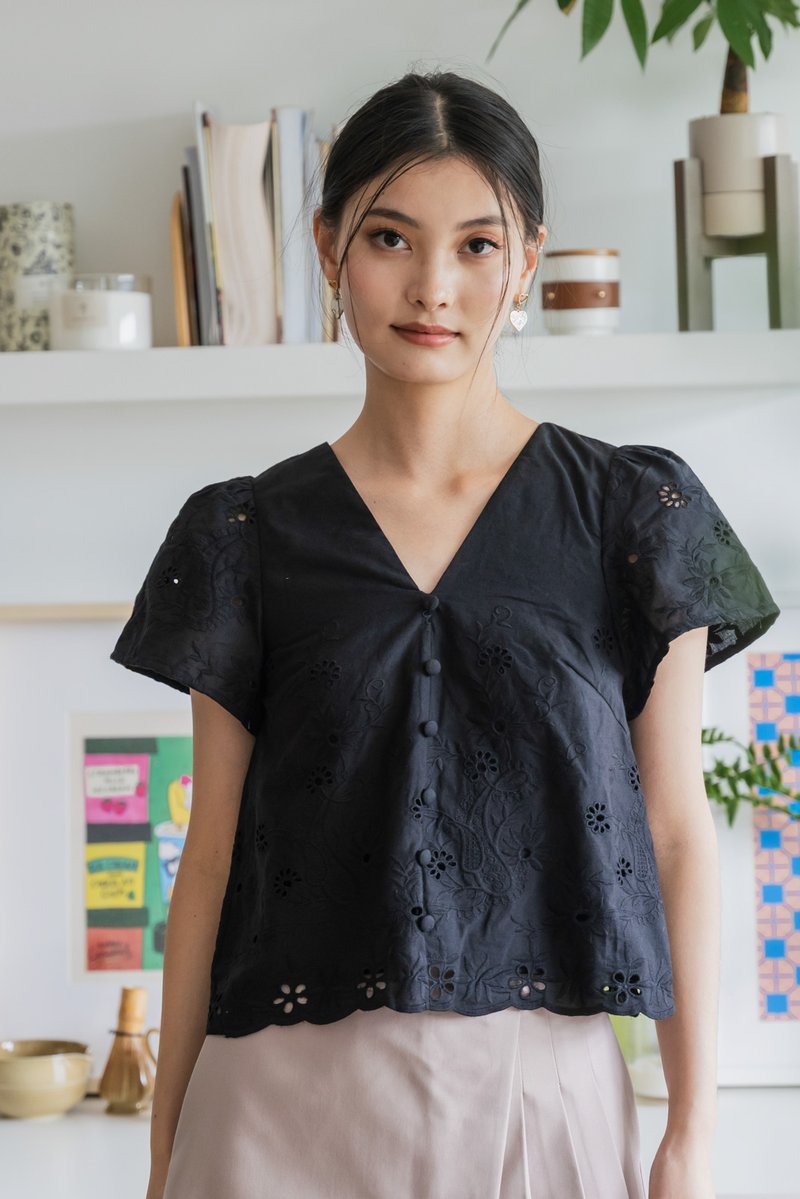 Callie Eyelet Button Top In Black