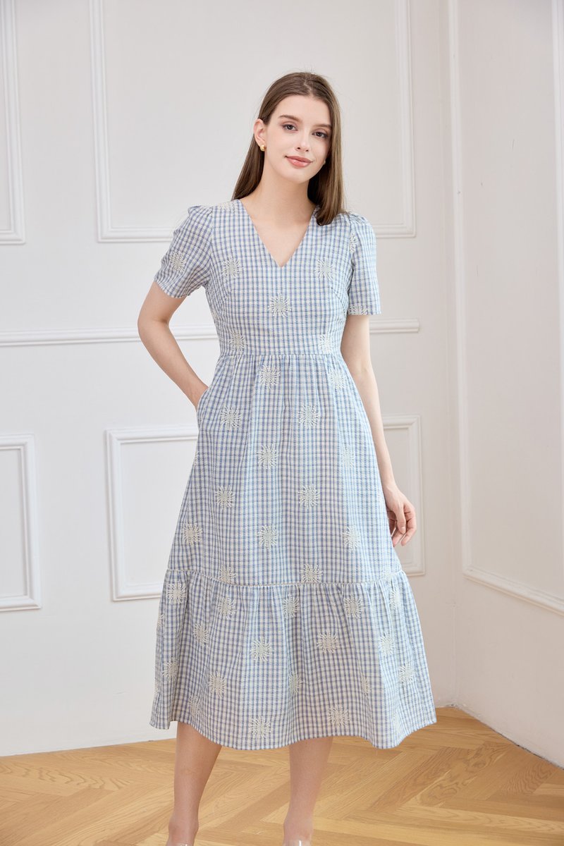 Zahra Textured Gingham Embroidery Midi Dress