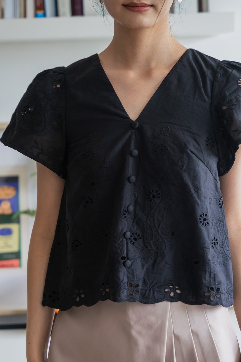 Callie Eyelet Button Top In Black