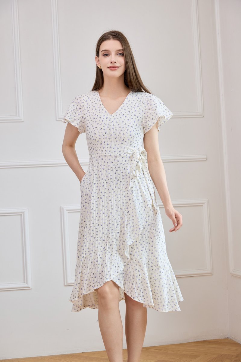 Roselle Faux Wrap Midi Dress In Purple Florals
