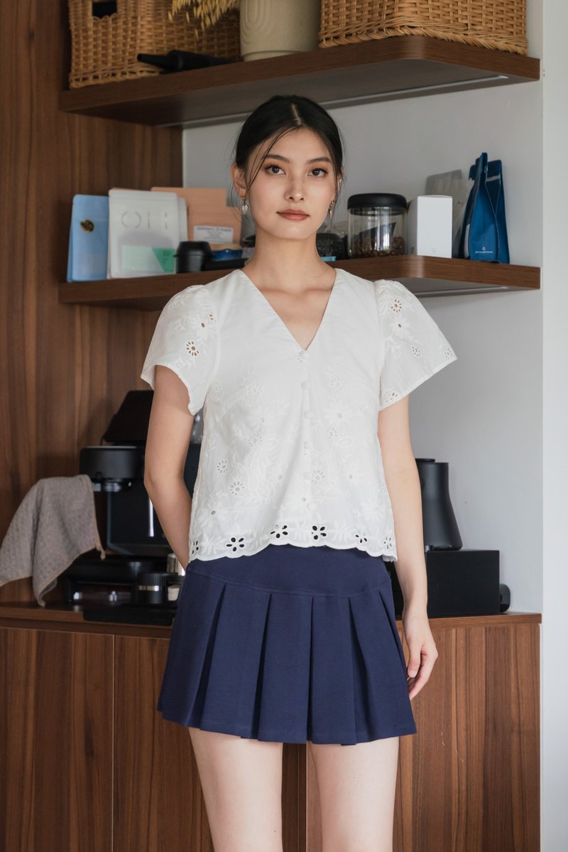 Callie Eyelet Button Top In White