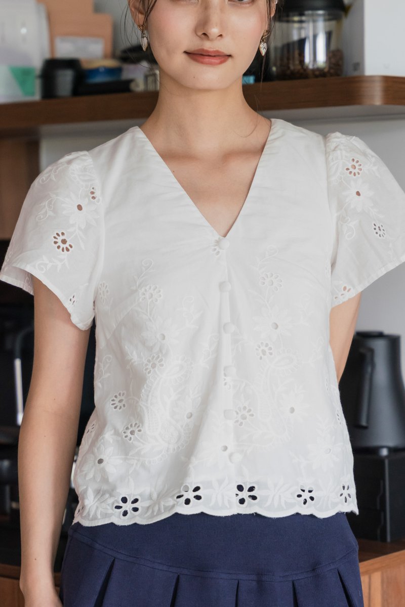 Callie Eyelet Button Top In White