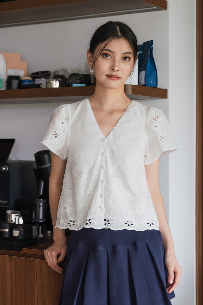Callie Eyelet Button Top In White