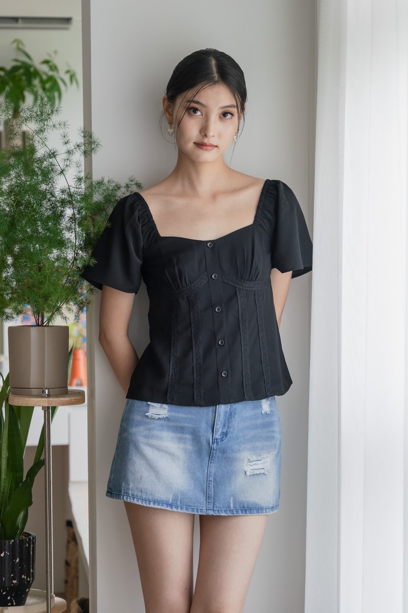 Pixie Crochet Button Top In Black