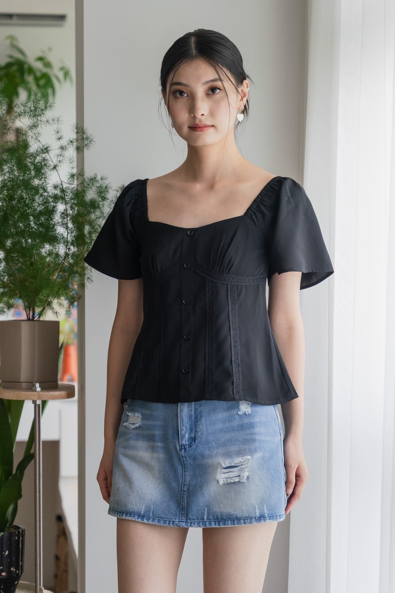 Pixie Crochet Button Top In Black