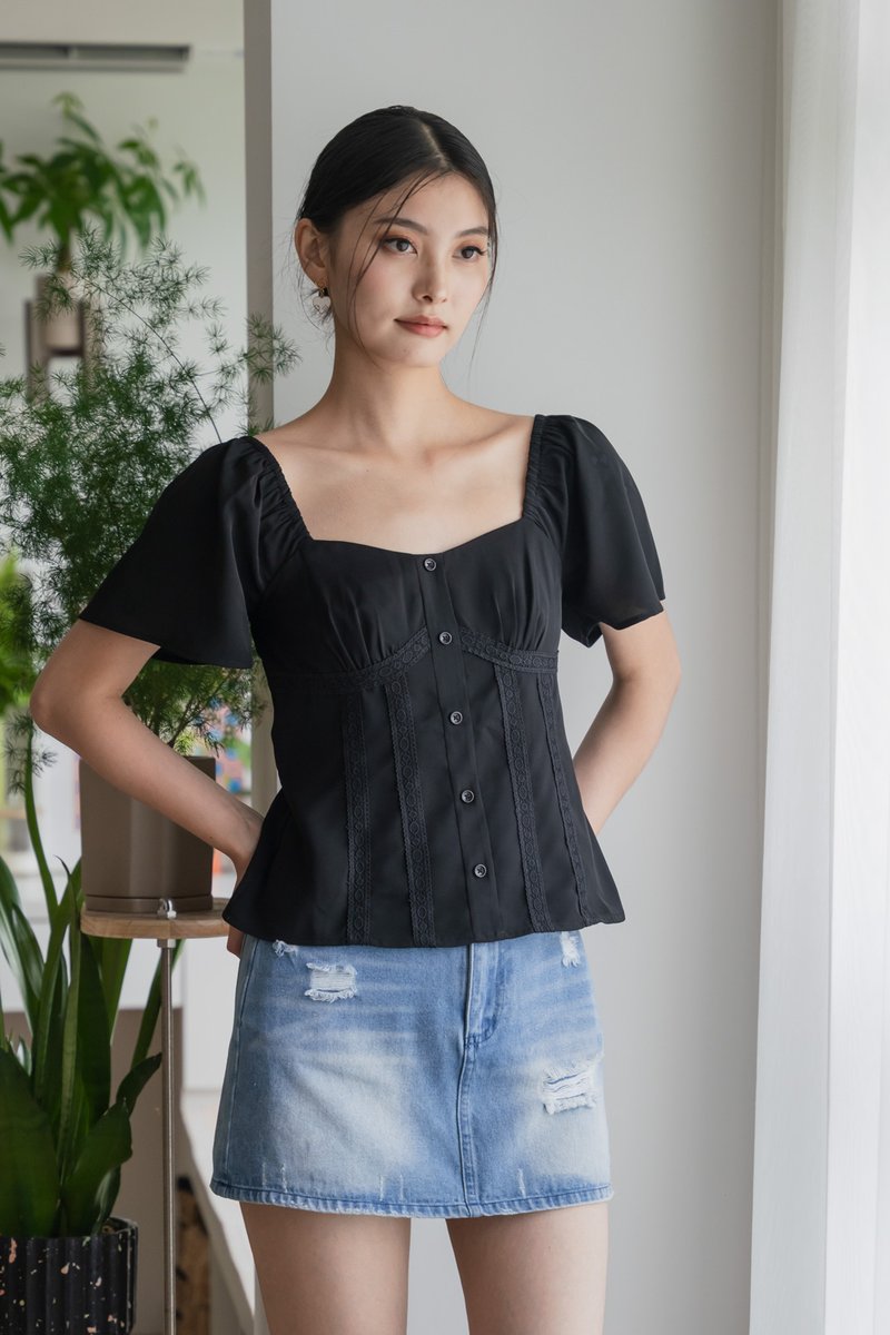Pixie Crochet Button Top In Black