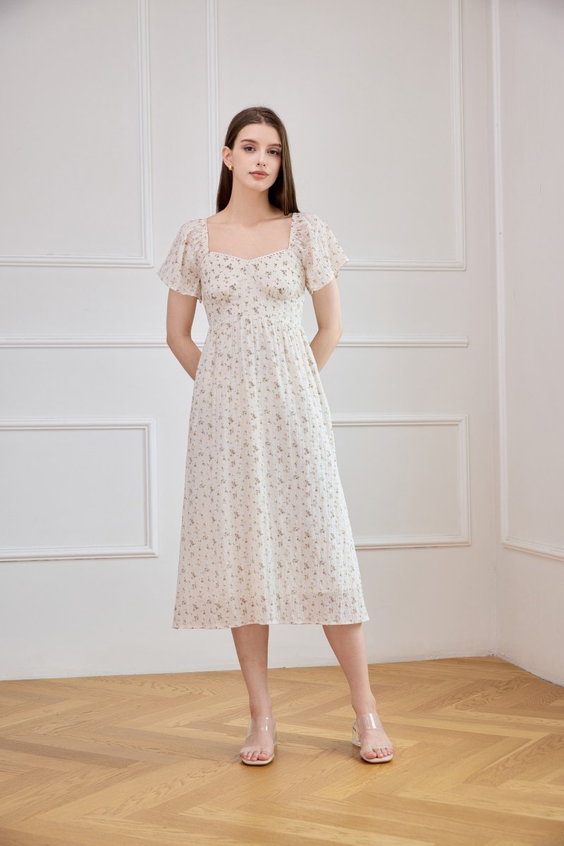 Yve Textured Fleur Midi Dress In White