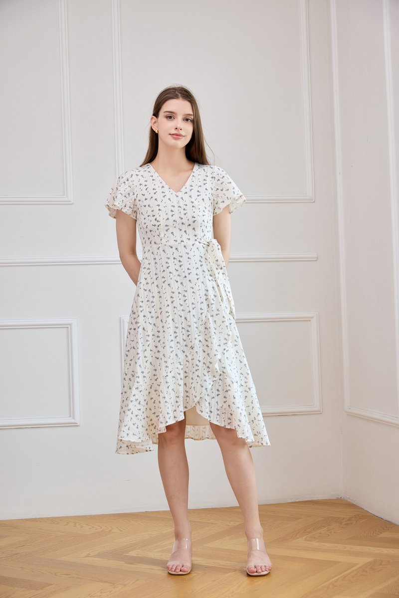 Roselle Faux Wrap Midi Dress In Black Florals