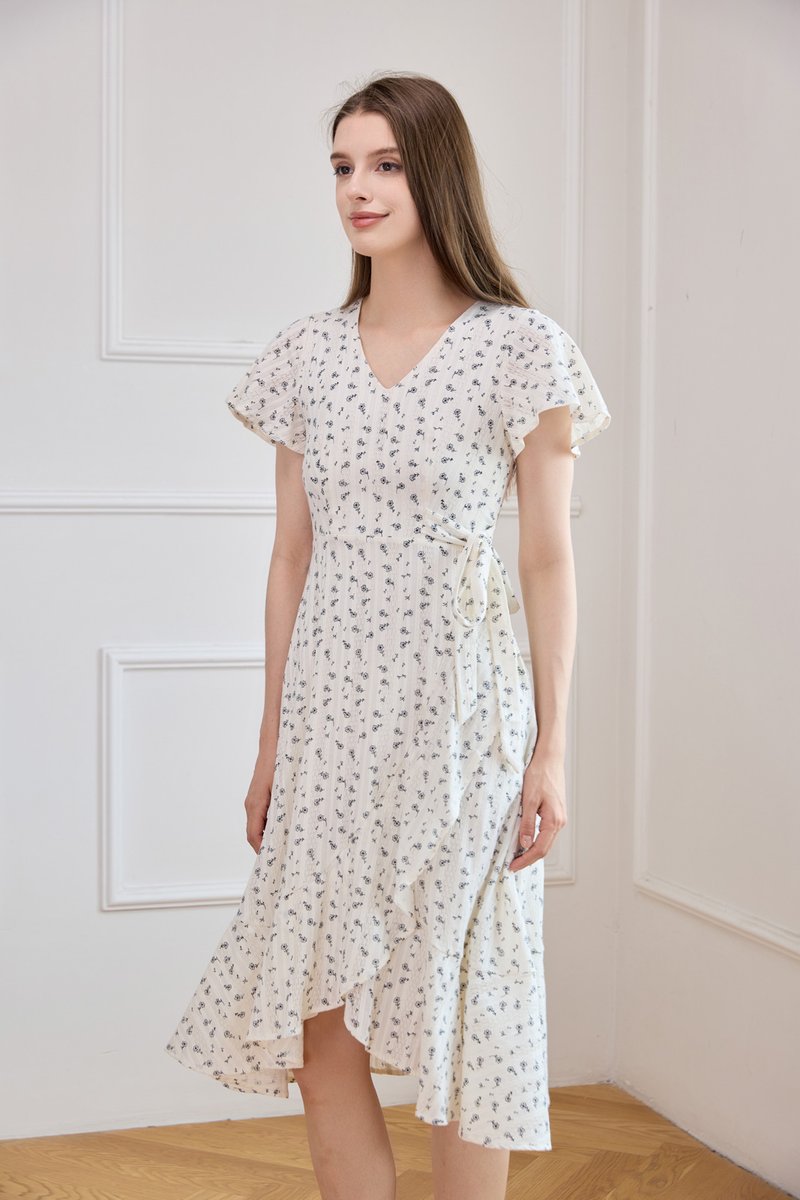 Roselle Faux Wrap Midi Dress In Black Florals