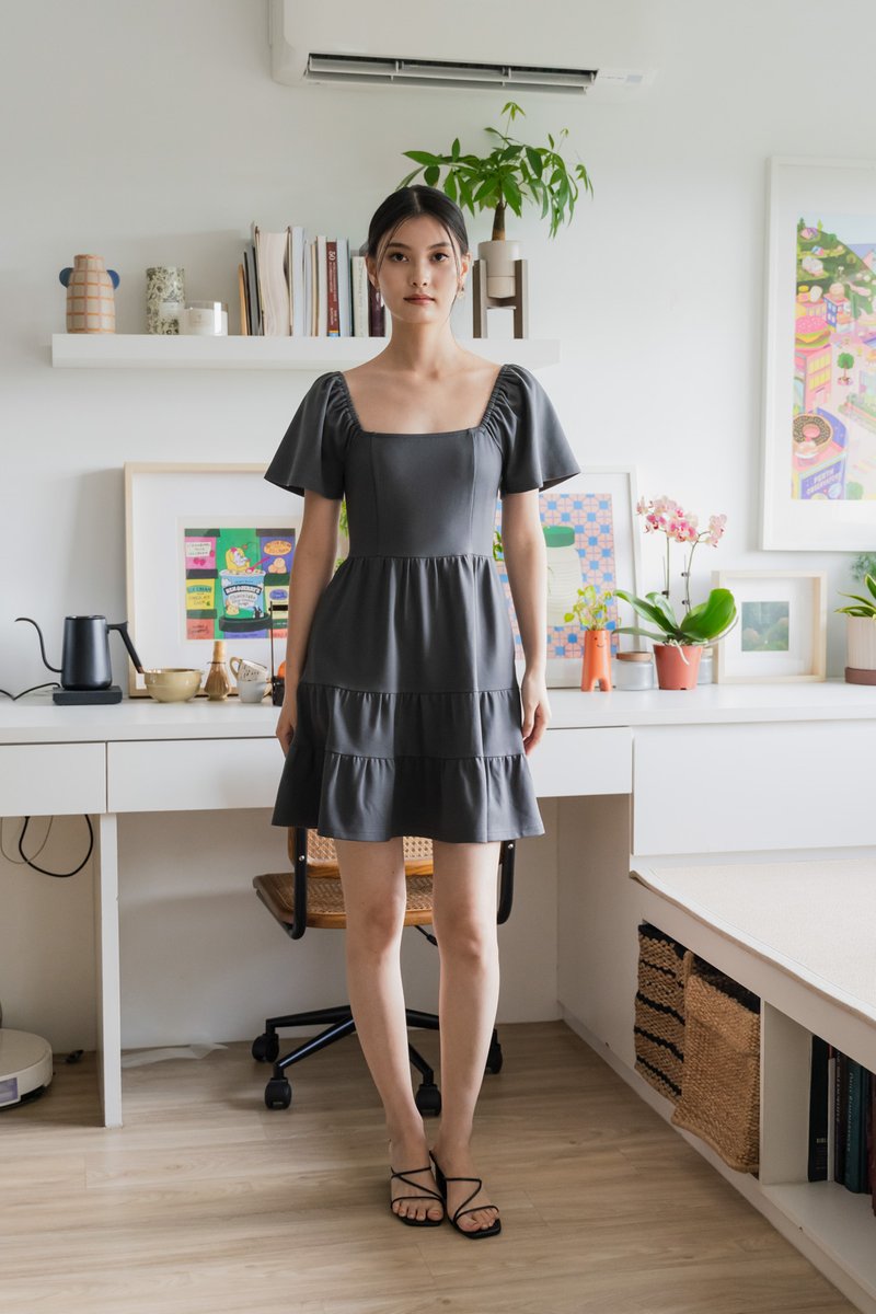 Zuri Cotton Tiered Dress In Gunmetal
