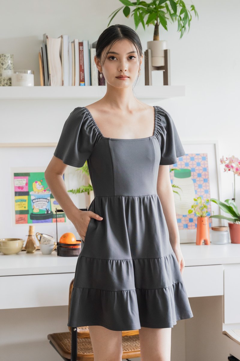 Zuri Cotton Tiered Dress In Gunmetal