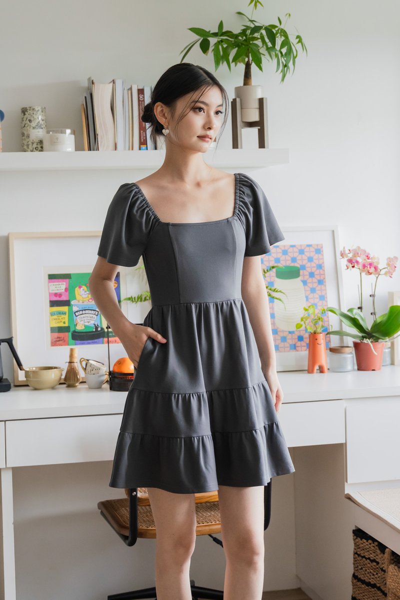 Zuri Cotton Tiered Dress In Gunmetal
