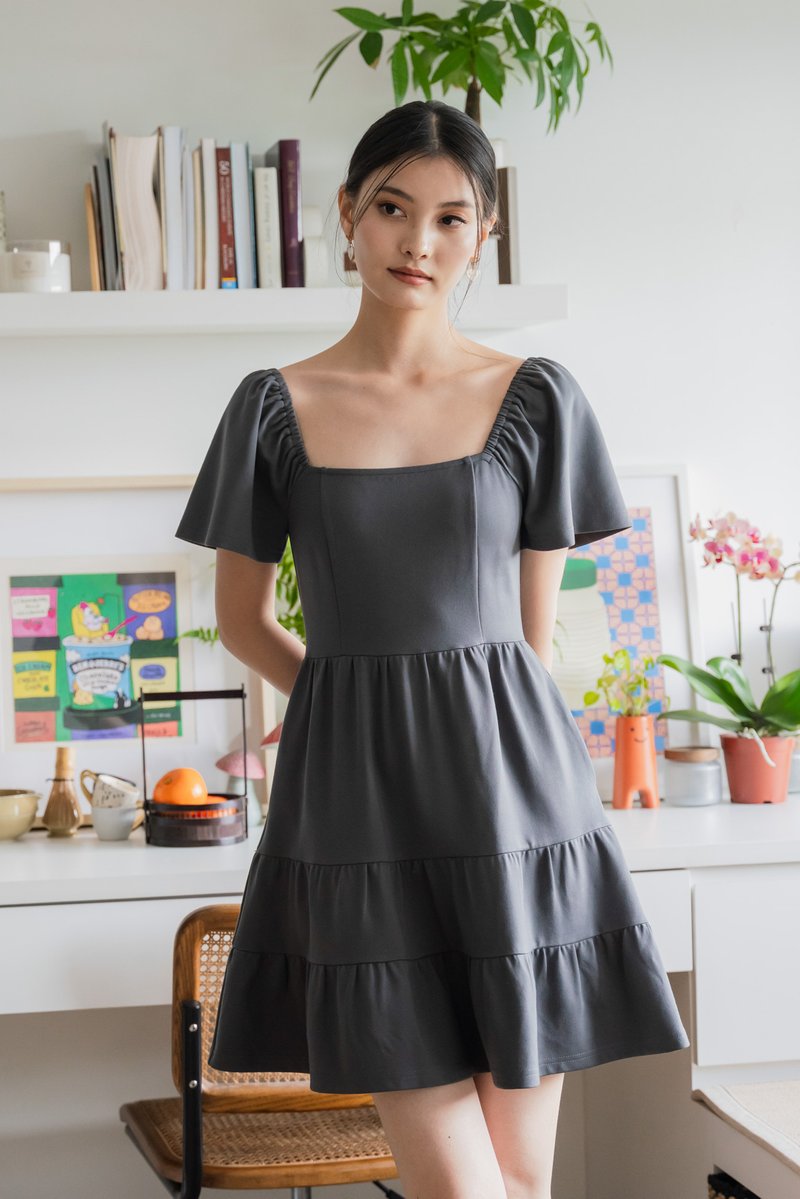 Zuri Cotton Tiered Dress In Gunmetal