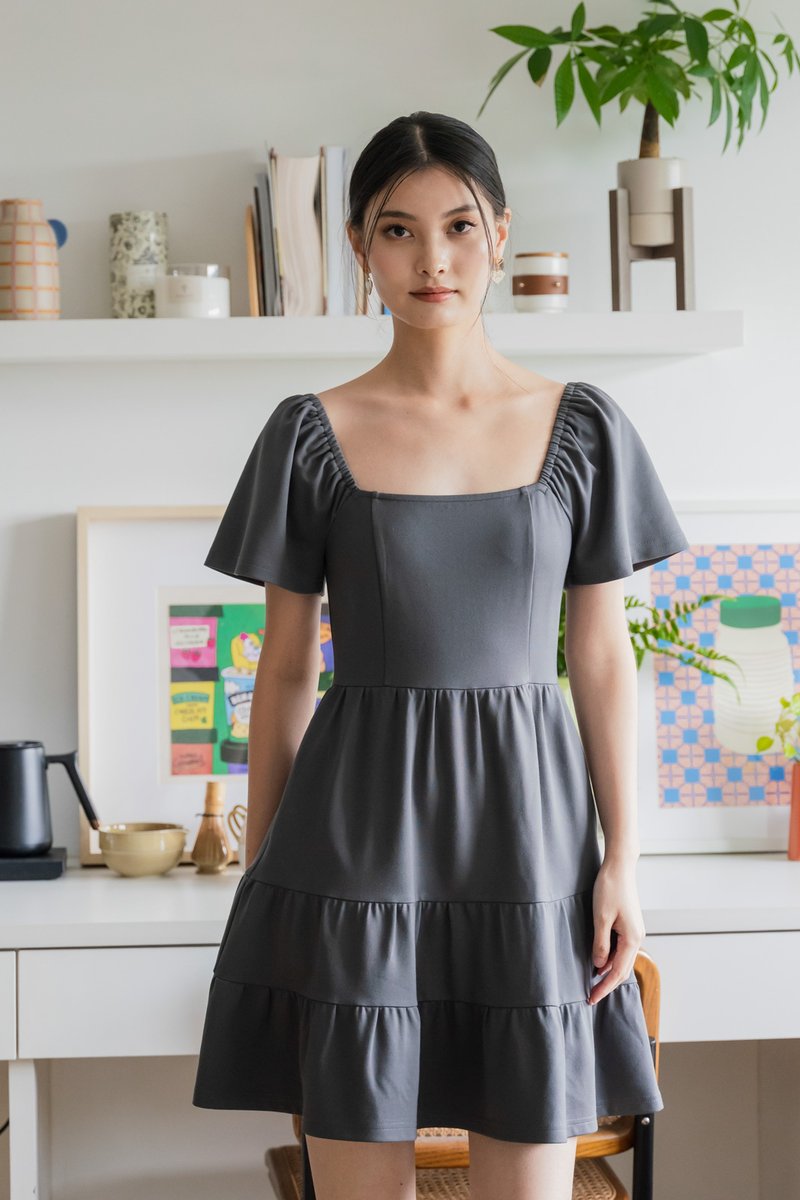 Zuri Cotton Tiered Dress In Gunmetal