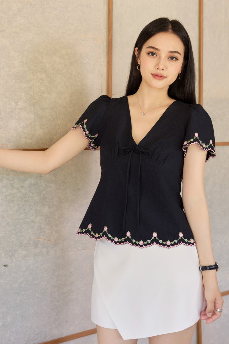 Pure Bliss Cross Stitch Ribbon Top In Navy
