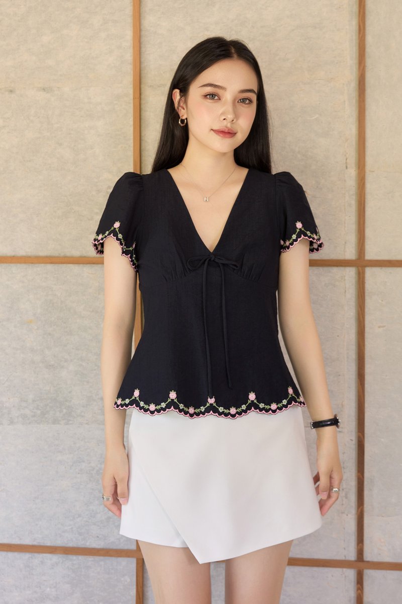 Pure Bliss Cross Stitch Ribbon Top In Navy