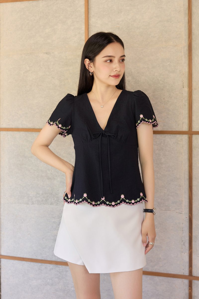 Pure Bliss Cross Stitch Ribbon Top In Navy