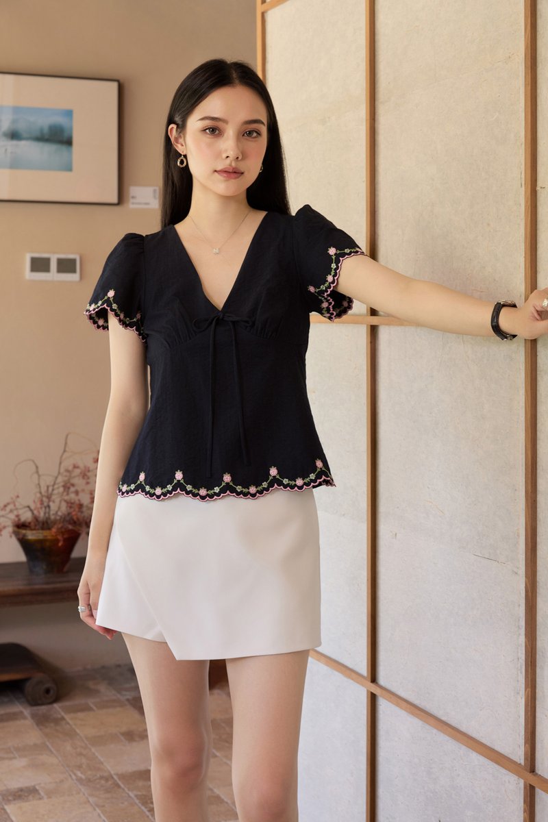 Pure Bliss Cross Stitch Ribbon Top In Navy