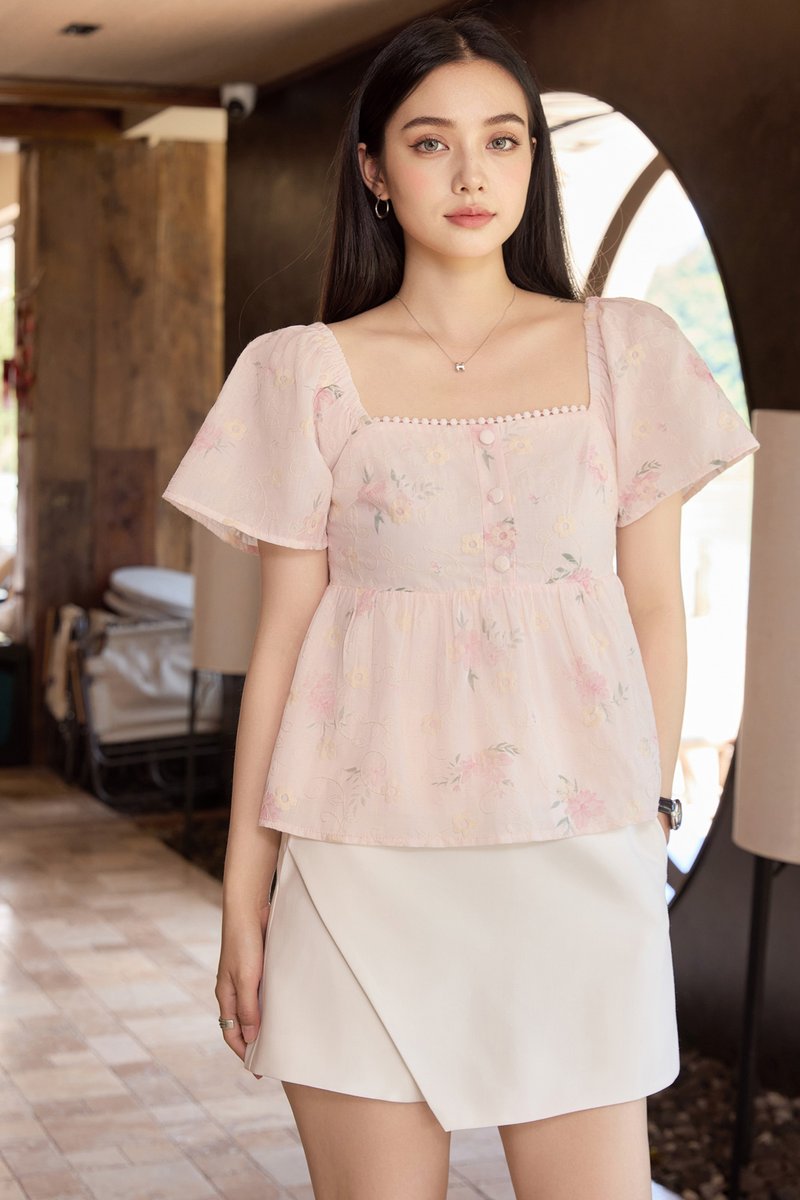 Keira Embroidery Crochet Babydoll Top In Pink
