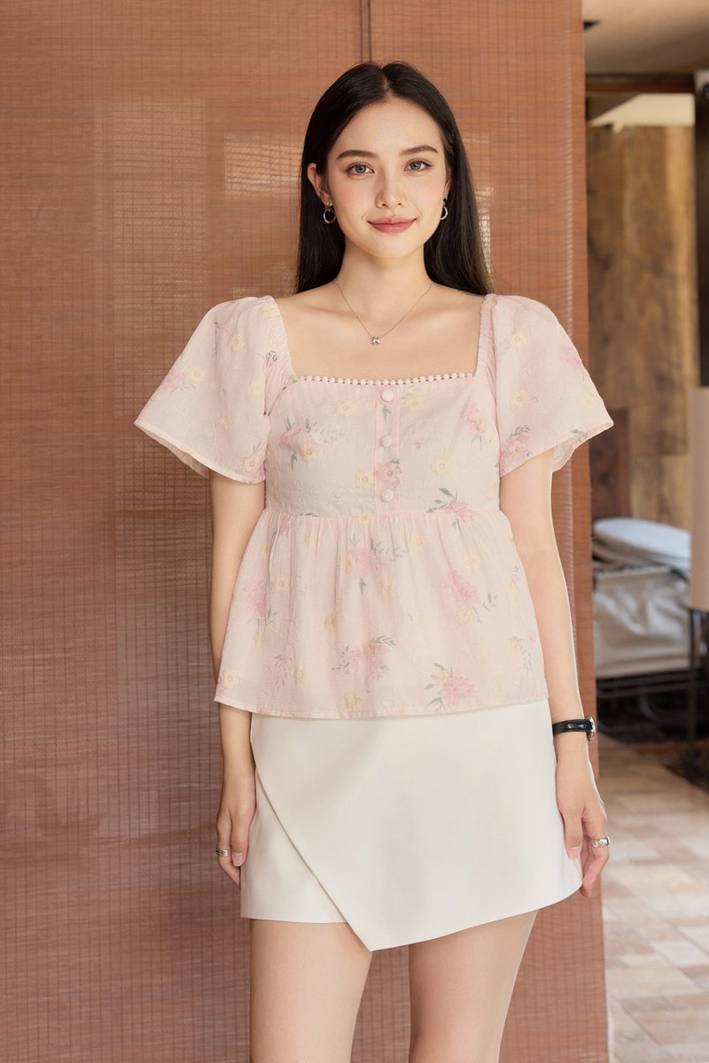 Keira Embroidery Crochet Babydoll Top In Pink