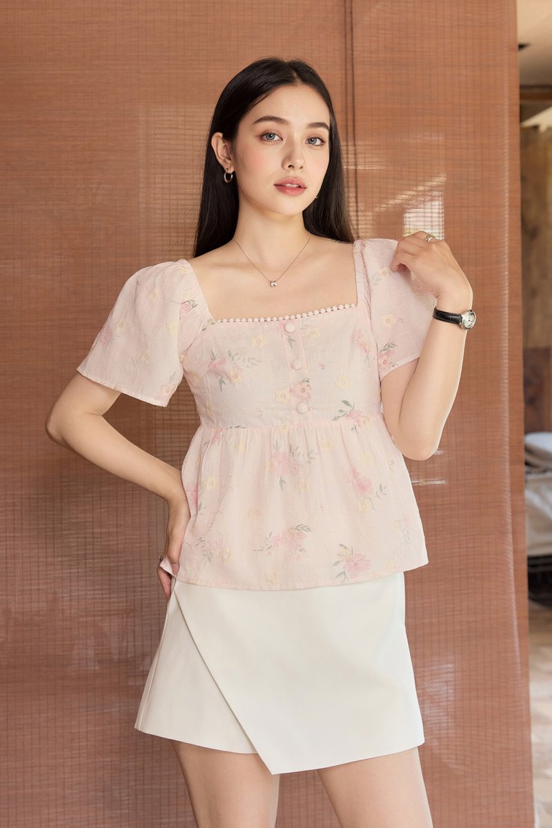 Keira Embroidery Crochet Babydoll Top In Pink