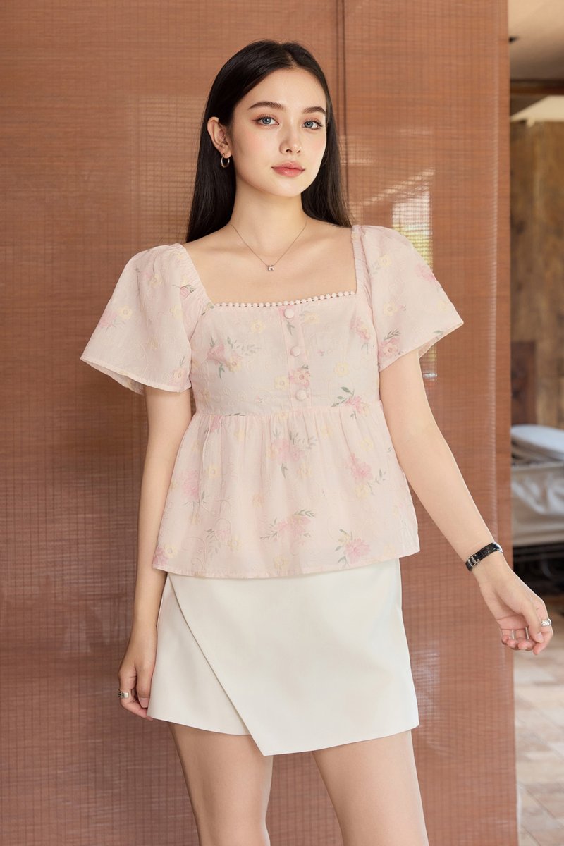 Keira Embroidery Crochet Babydoll Top In Pink
