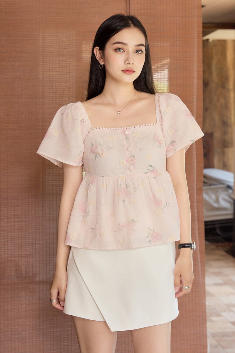 Keira Embroidery Crochet Babydoll Top In Pink