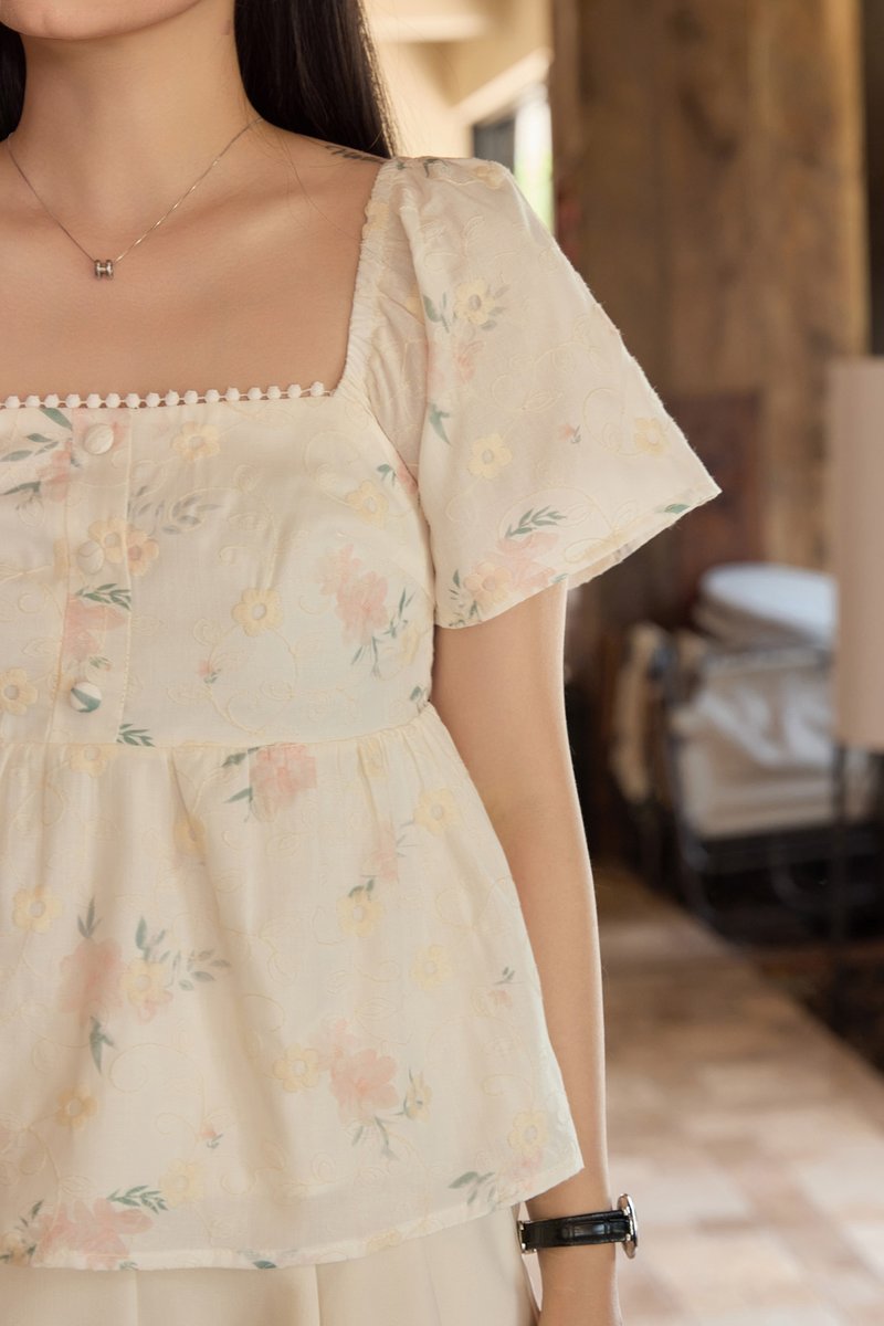 Keira Embroidery Crochet Babydoll Top In Cream