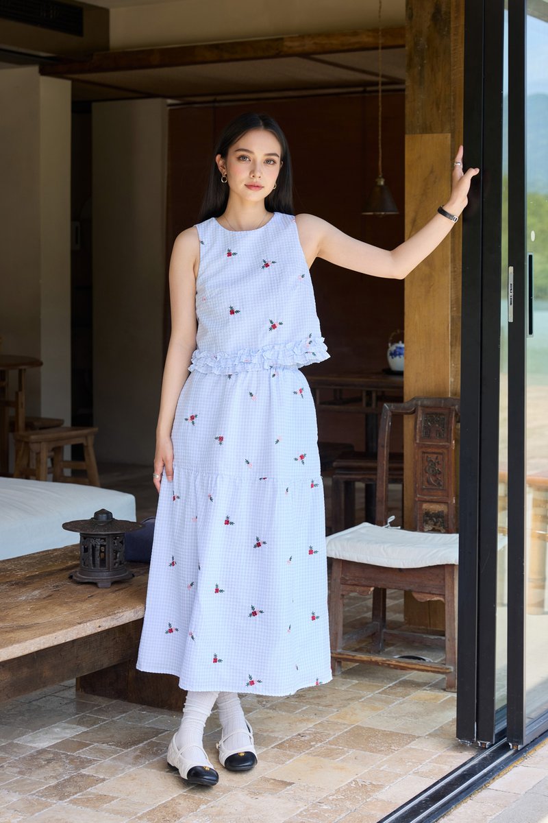 Galilea Gingham Embroidery Midi Skirt