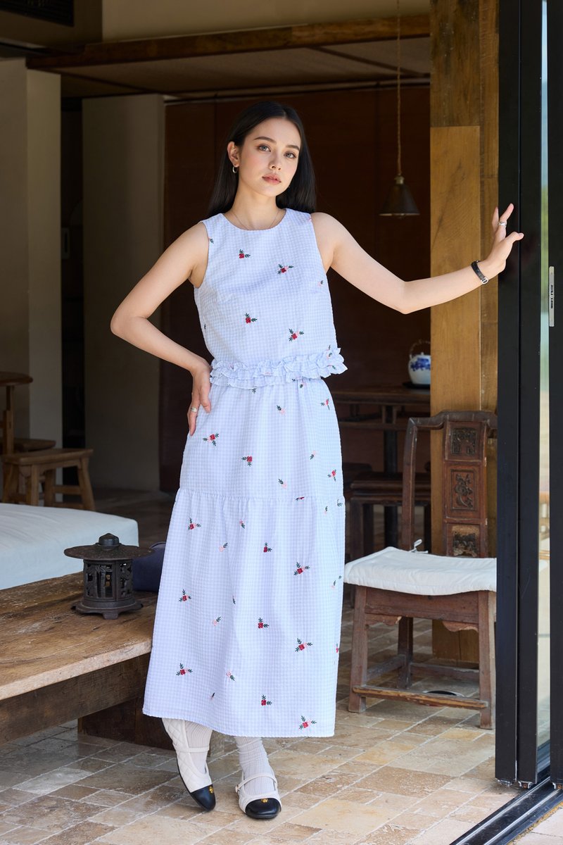 Galilea Gingham Embroidery Midi Skirt