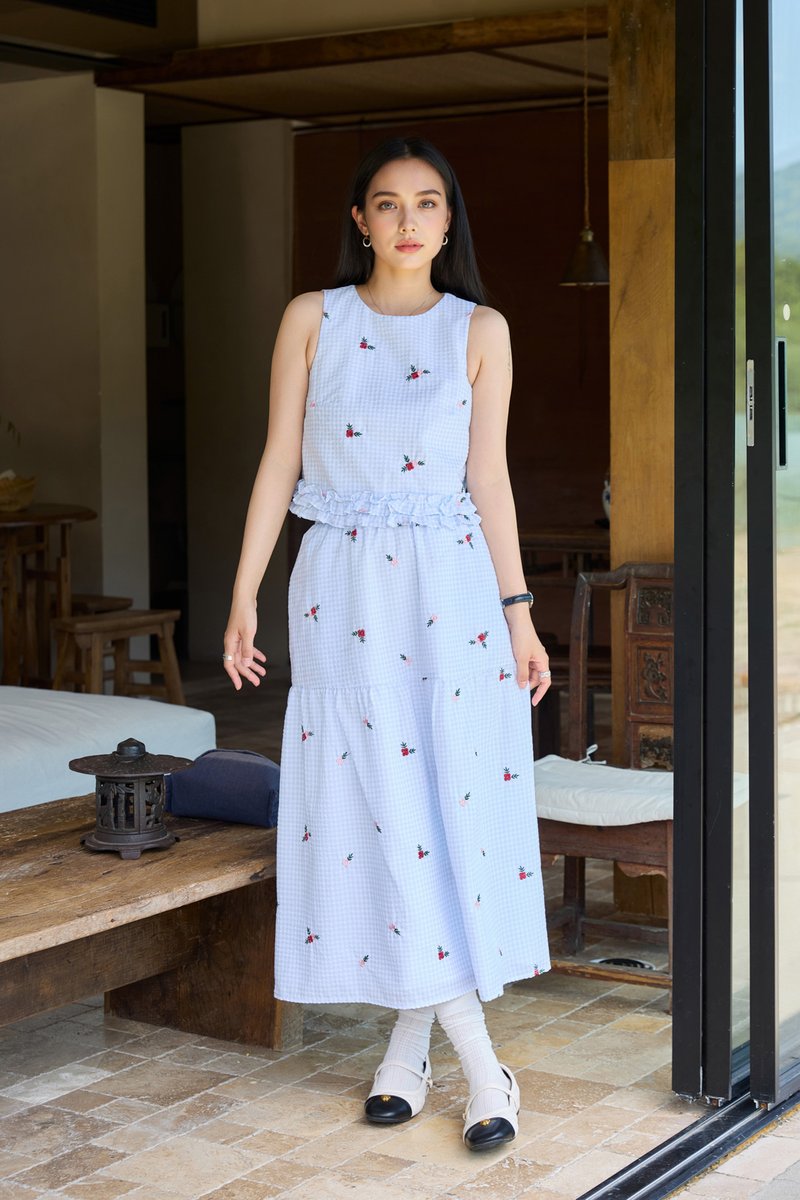 Galilea Gingham Embroidery Midi Skirt