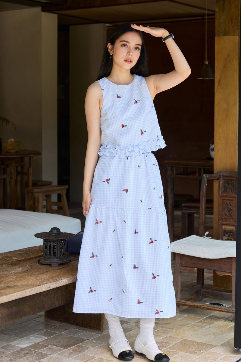 Galilea Gingham Embroidery Midi Skirt