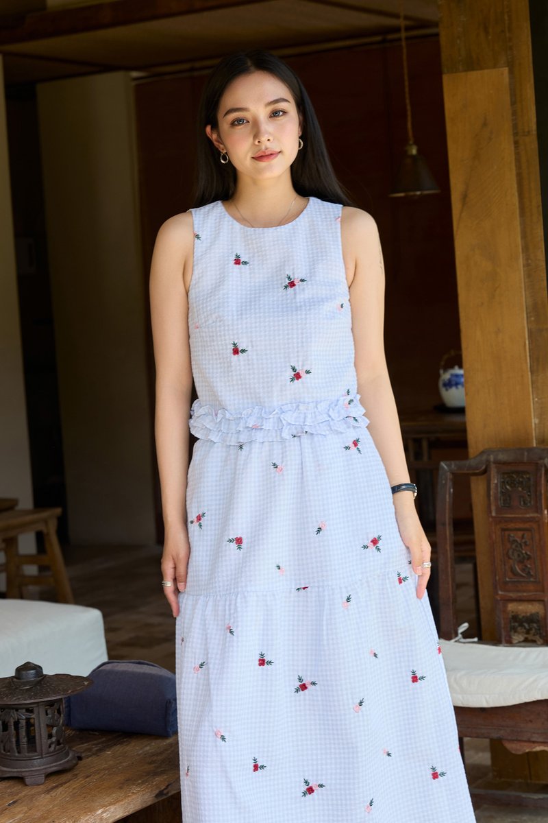 Galilea Gingham Embroidery Midi Skirt