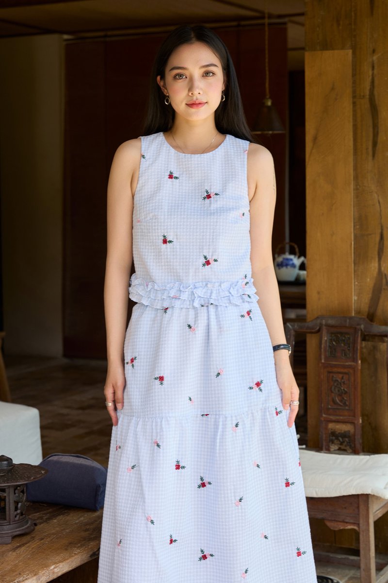 Galilea Gingham Embroidery Midi Skirt