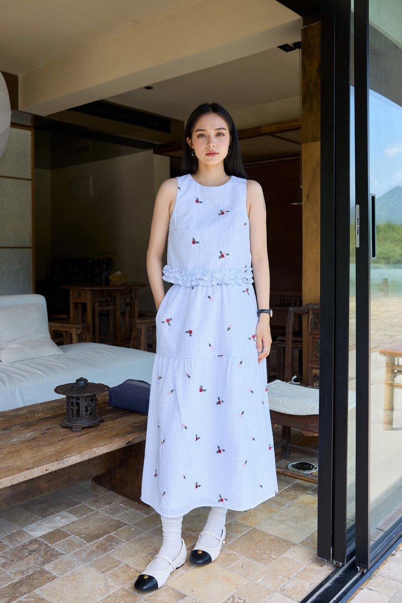Galilea Gingham Embroidery Midi Skirt
