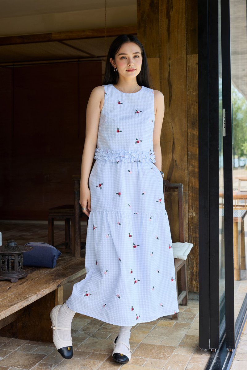 Galilea Gingham Embroidery Midi Skirt