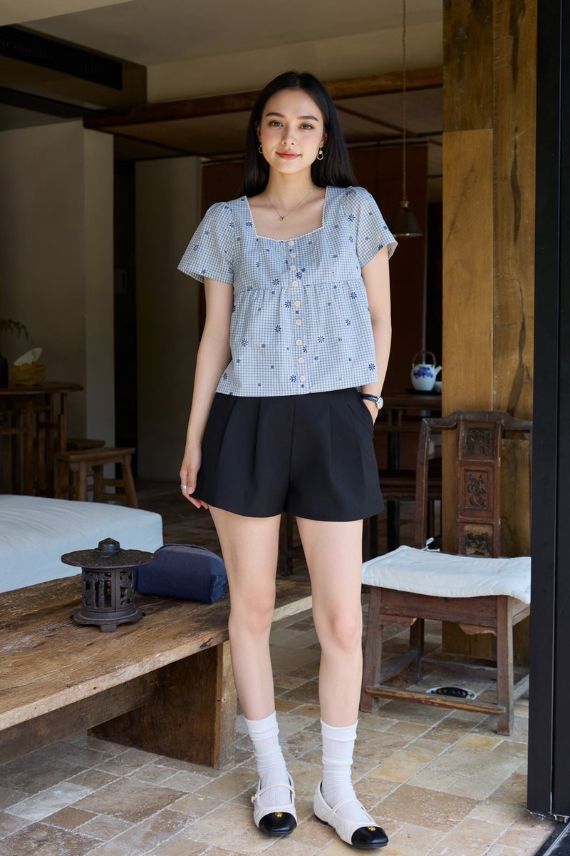 Ebba Checkered Embroidery Babydoll Top