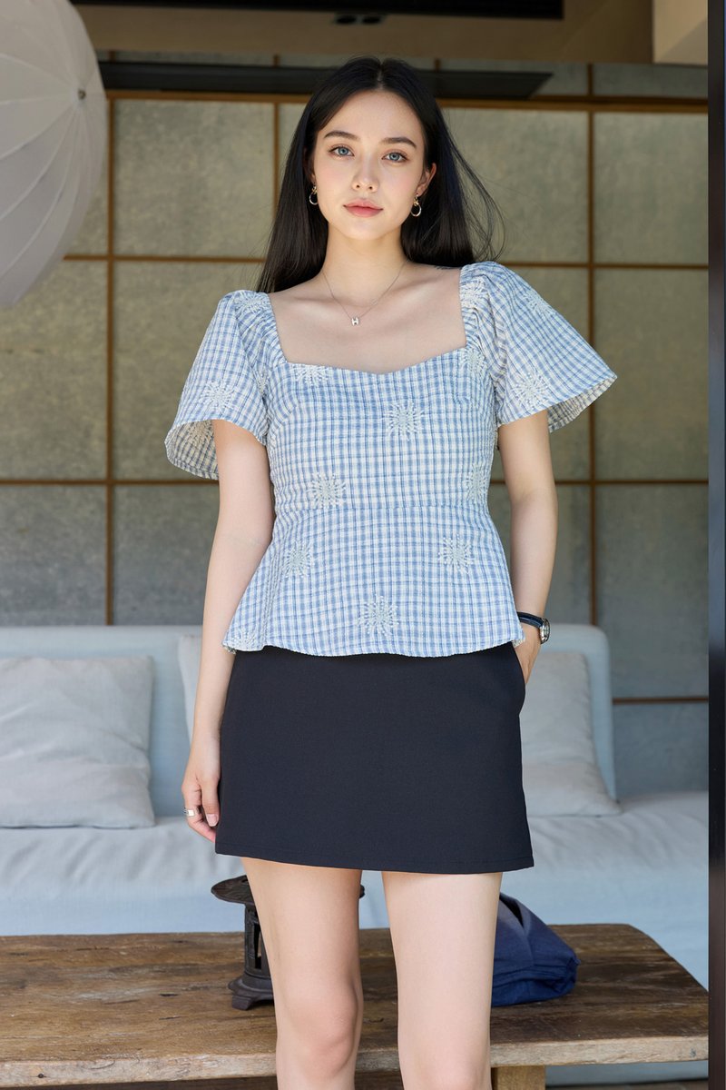 Zahra Textured Gingham Embroidery Top