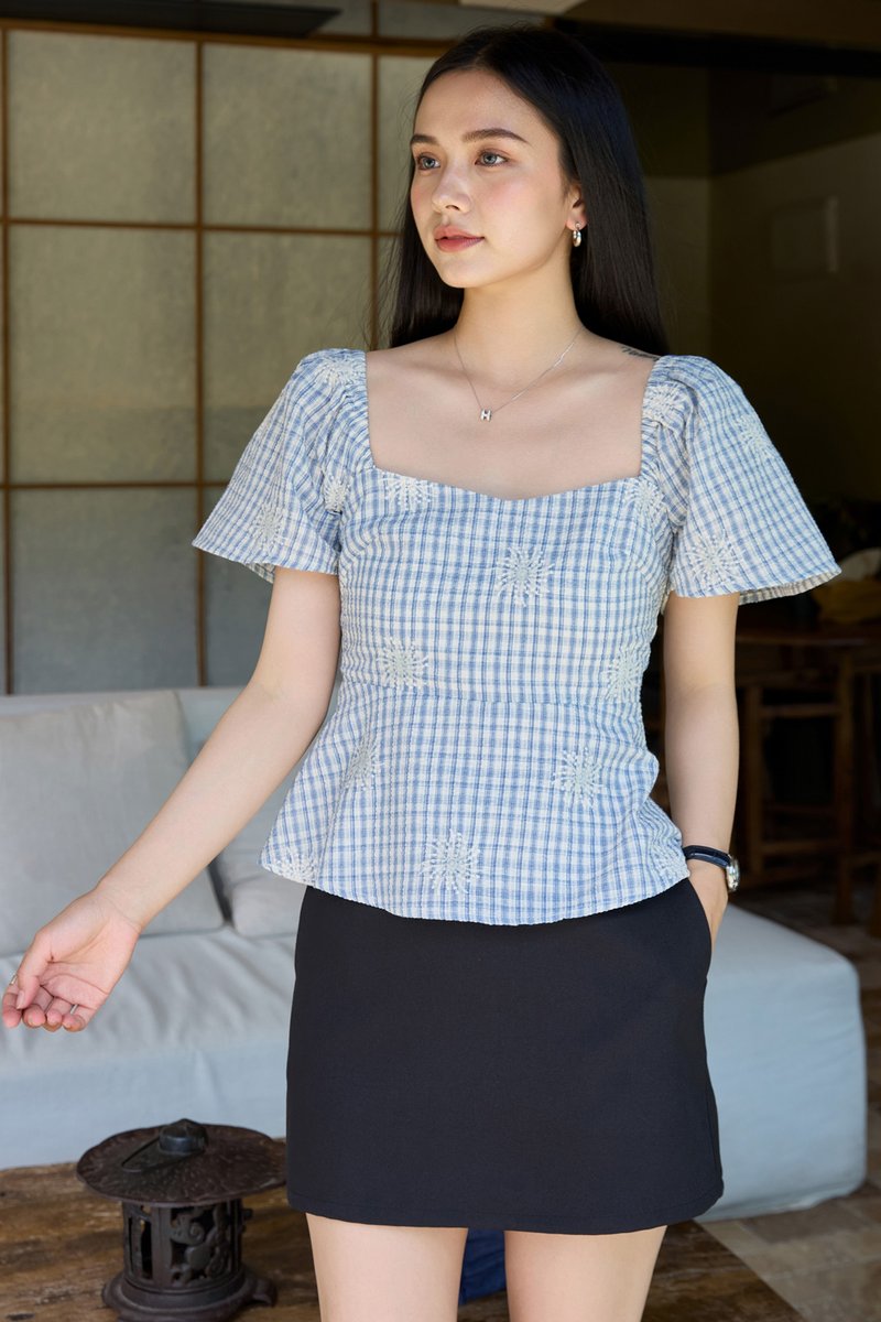 Zahra Textured Gingham Embroidery Top