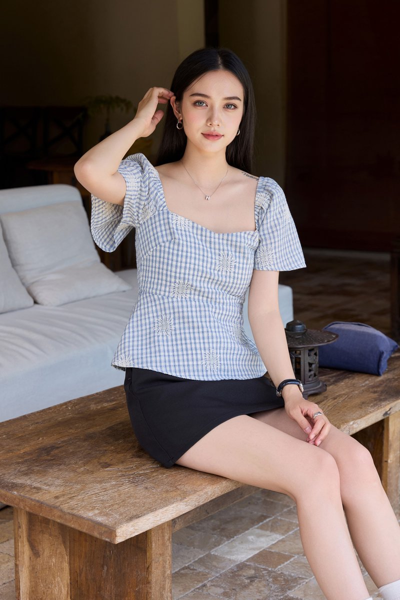 Zahra Textured Gingham Embroidery Top