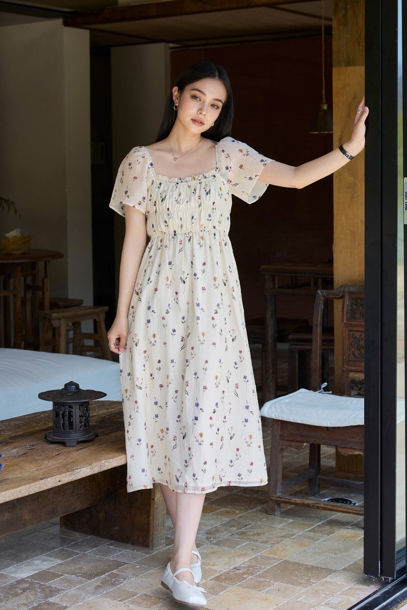 Kiraz Elastic Waist Floral Midi Dress In Cream
